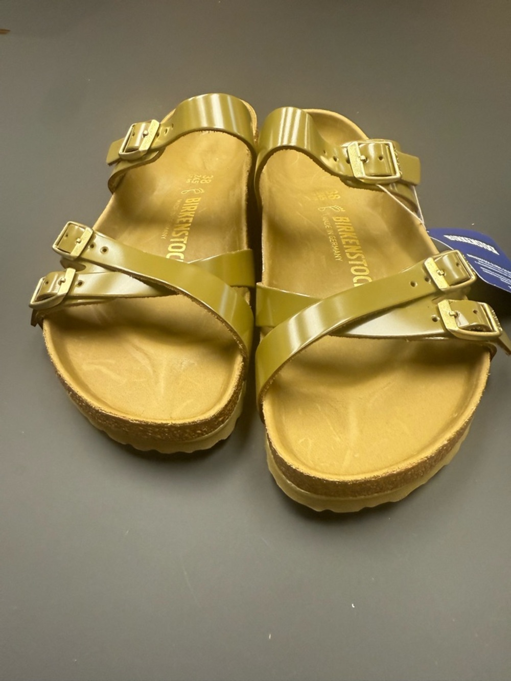 Birkenstock Olive Patent Two-Strap Buckle Sandals 🤍